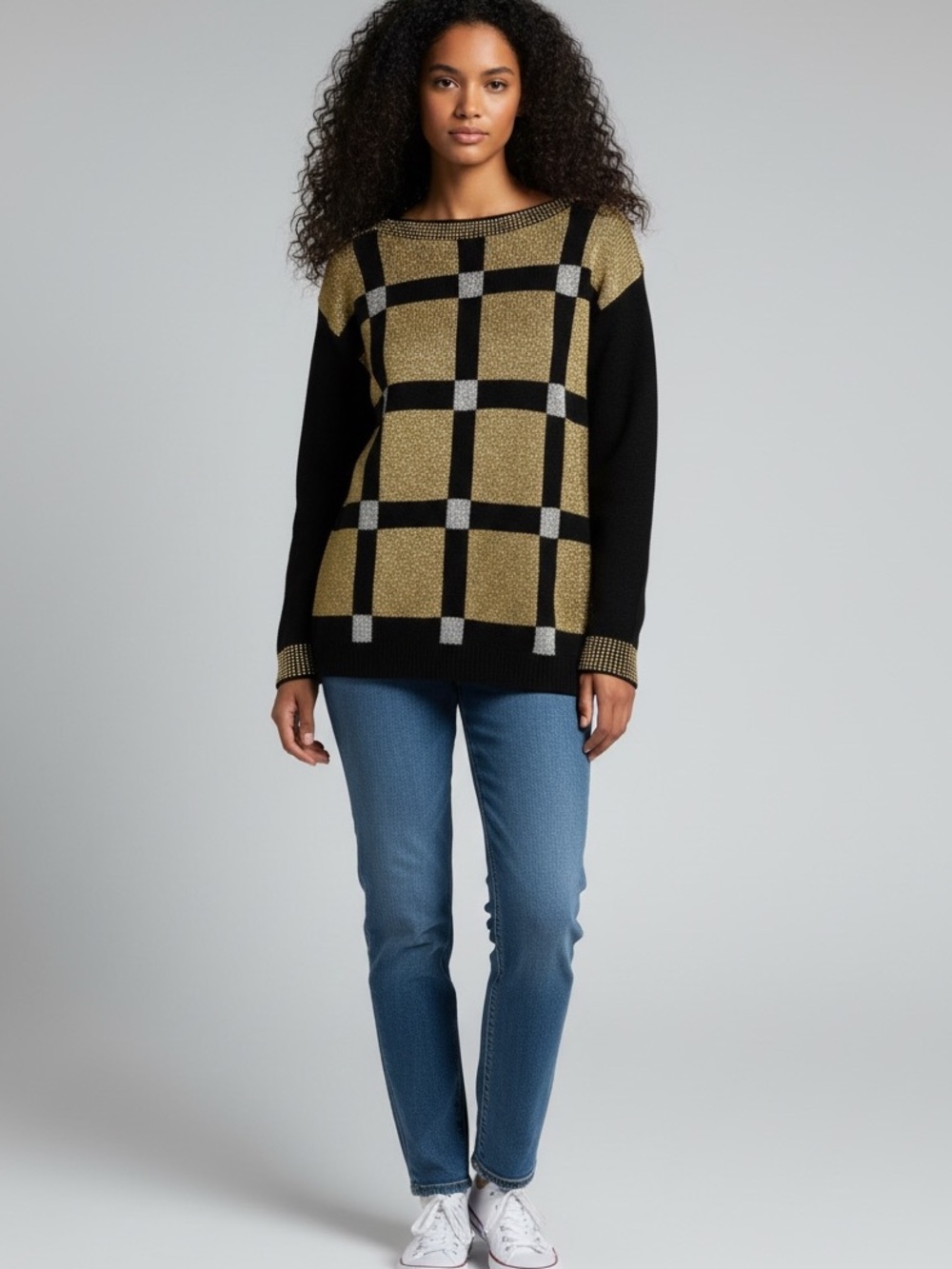 Vintage 90s sweater abstract beaded gold metallic knit long sleeve‎ Small disco
